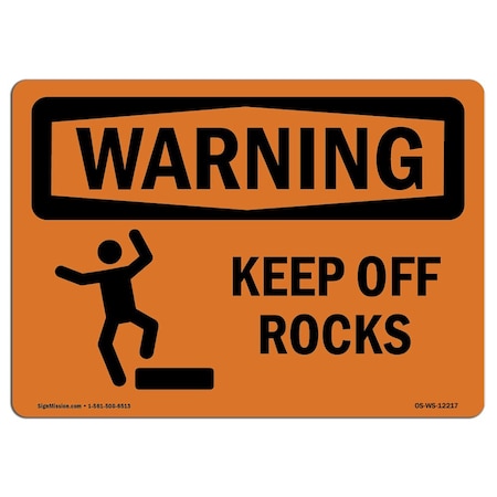 OSHA WARNING Sign, Keep Off Rocks W/ Symbol, 5in X 3.5in Decal, 10PK